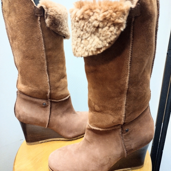 UGG Shoes - - UGG SZ 8 APRELLE 3195 12" SUEDE SHEARLING WEDGE BOOTS EUC $250